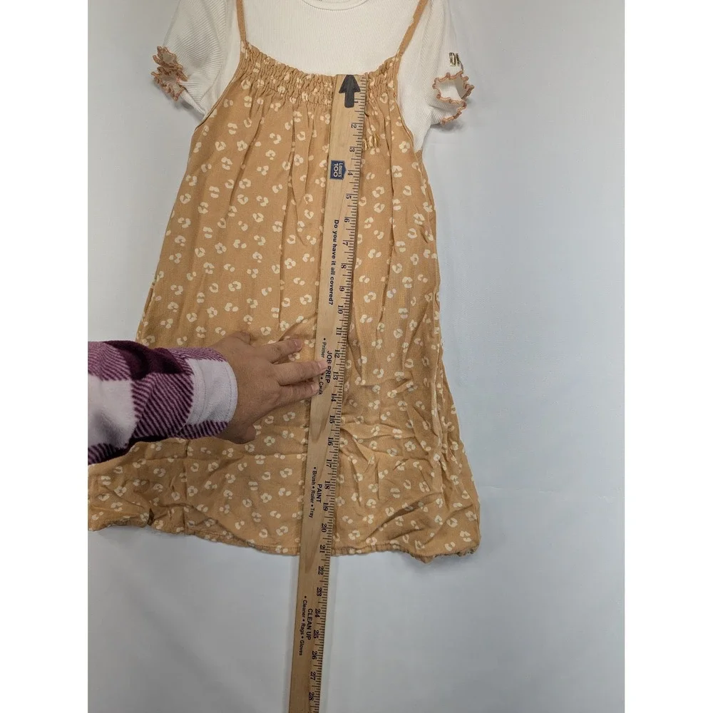DKNY Girls 2 Piece Outfit Set White Ribbed Tee Tan Floral Print Dress Set M 8 10